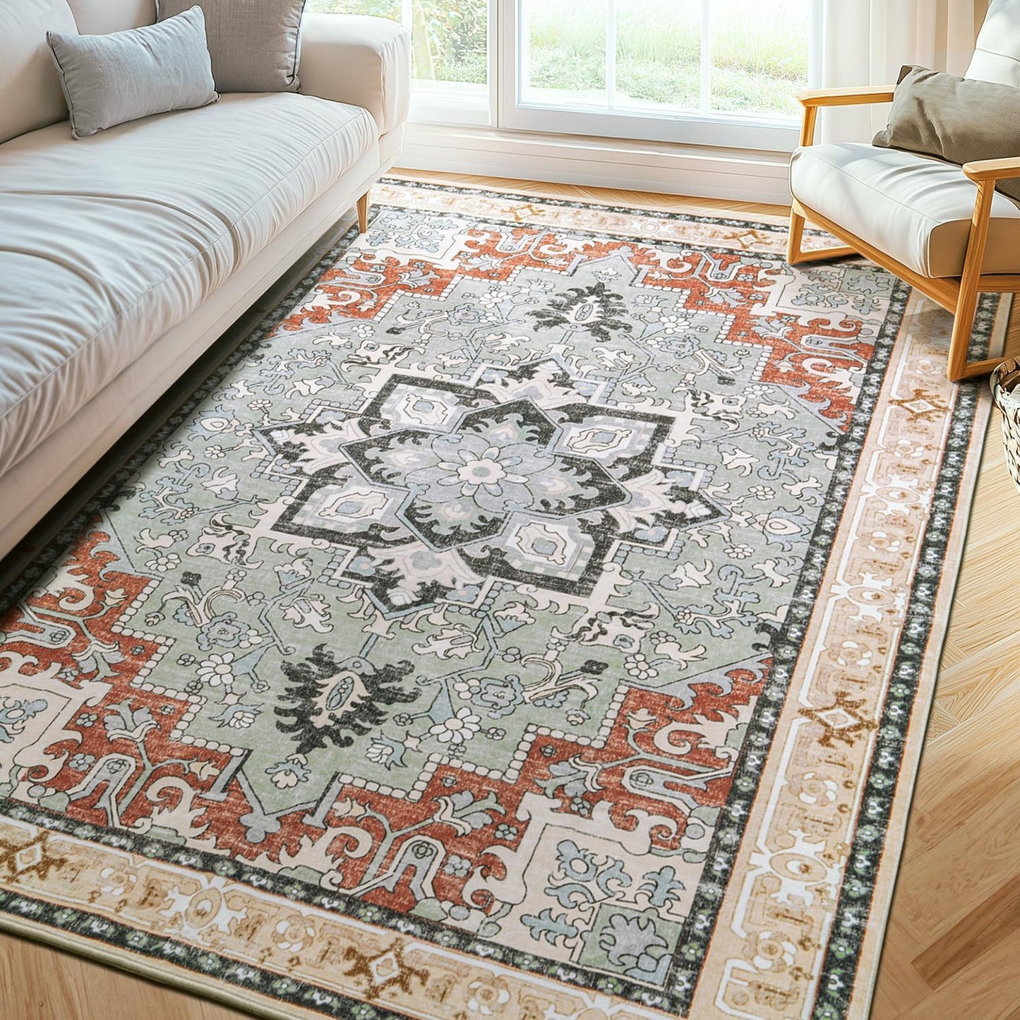 Floral Boho Area Rugs for Bedroom - Beige Orange