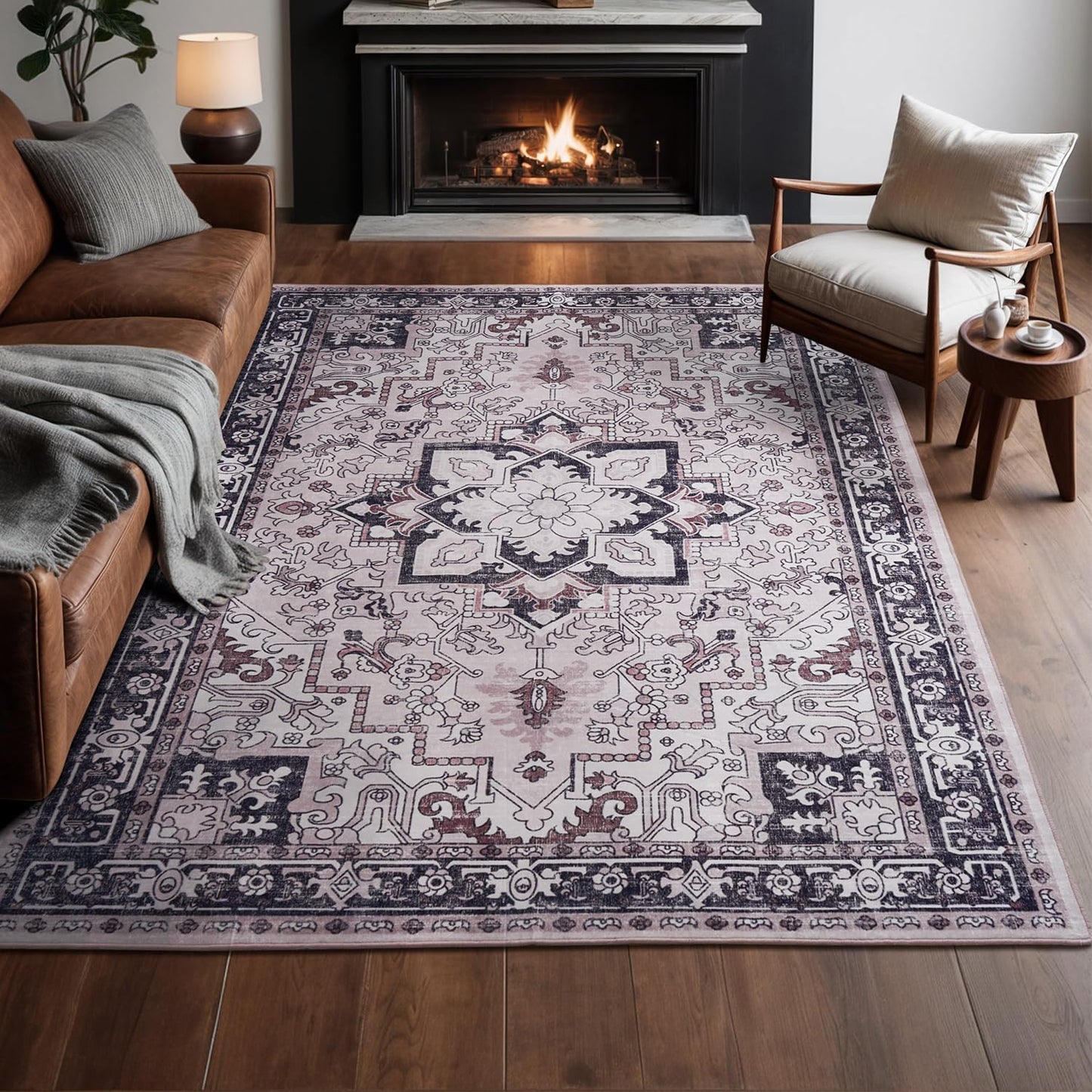 Floral Boho Area Rugs for Bedroom - Black and Pink