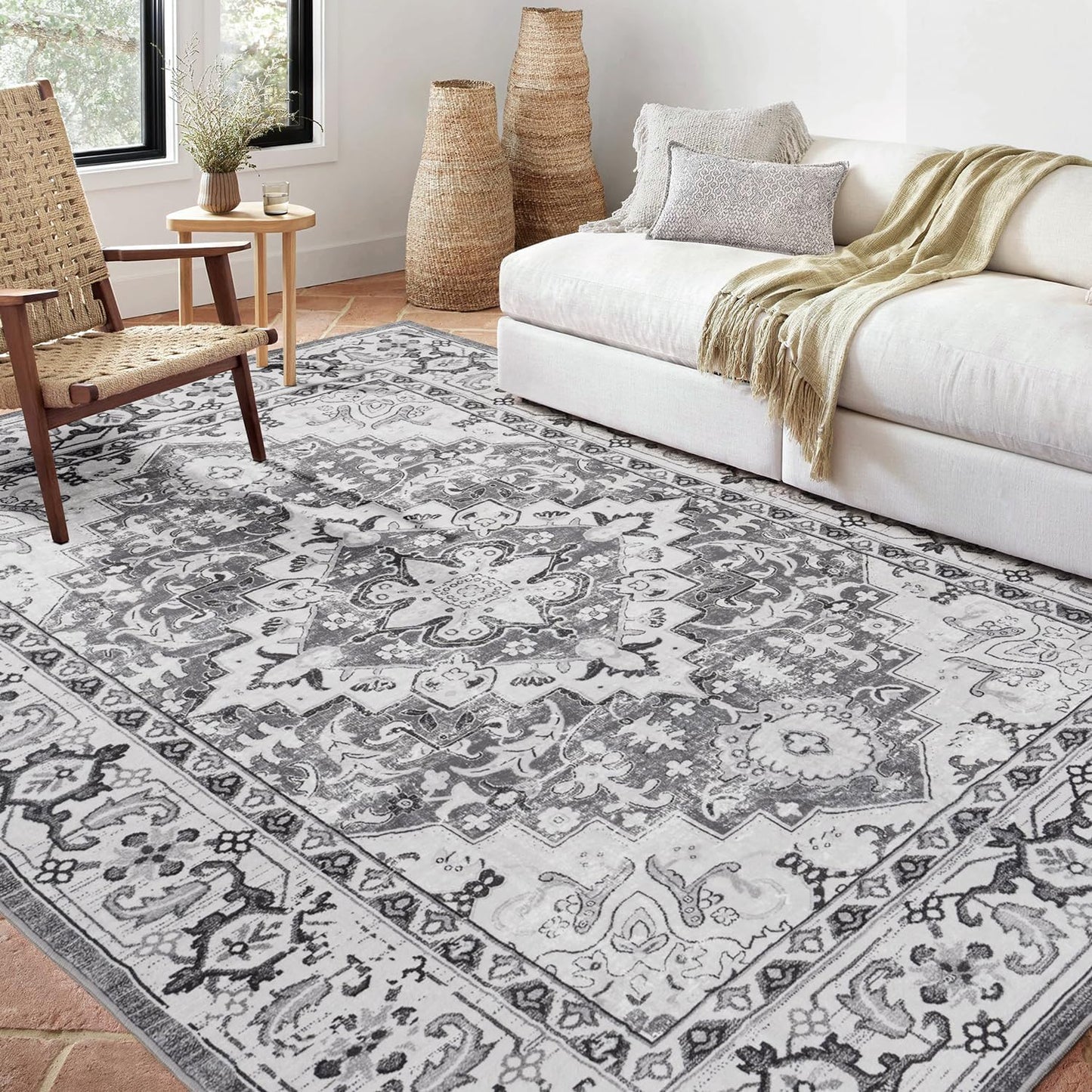 Vintage Boho Area Rugs for Living Room - Floral Grey