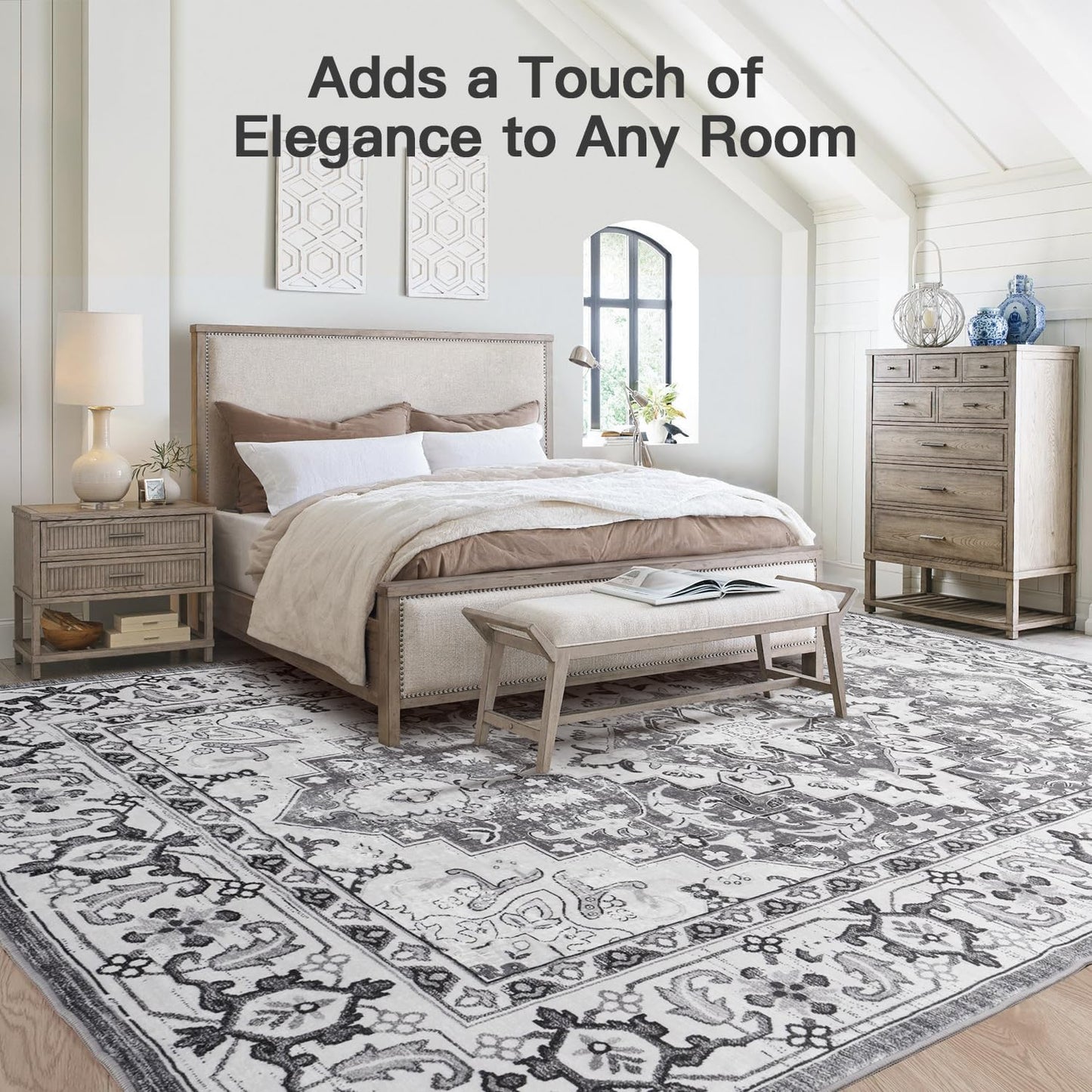 Vintage Boho Area Rugs for Living Room - Floral Grey