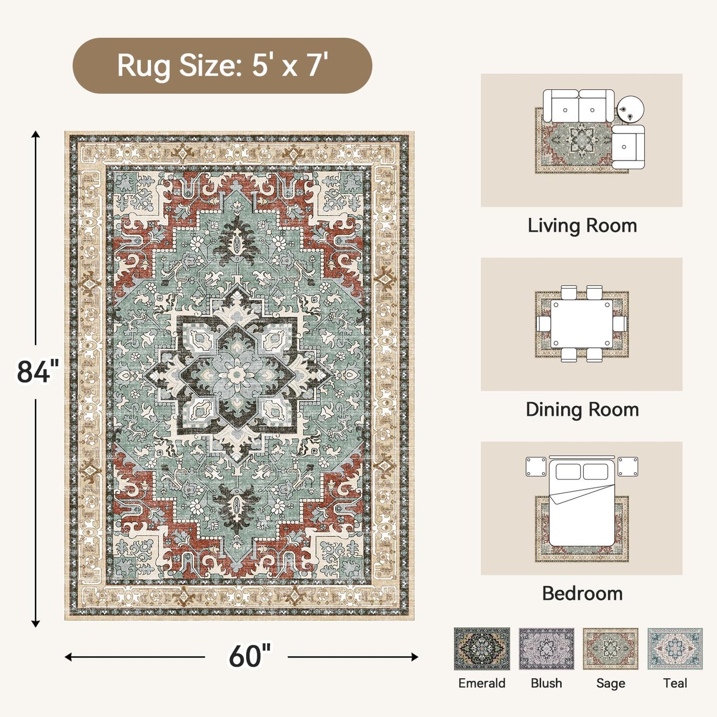 Floral Boho Area Rugs for Bedroom - Beige Orange