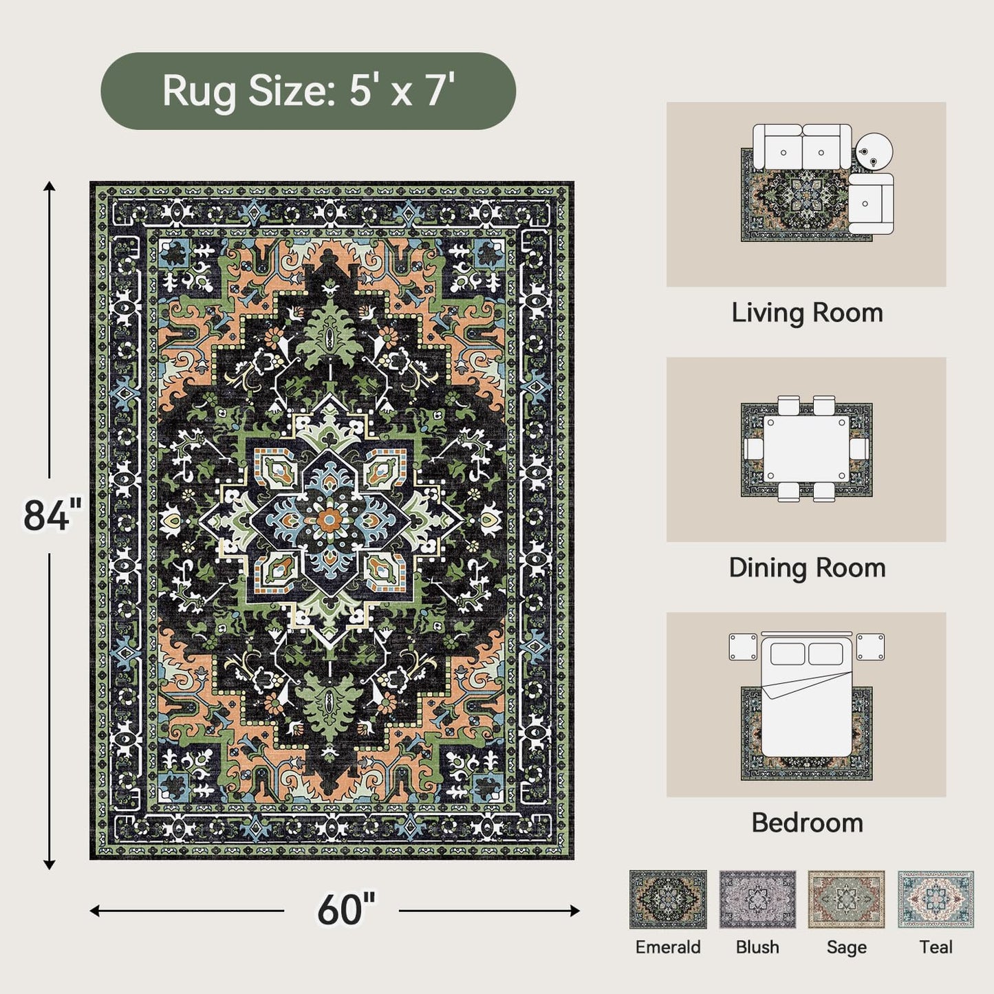 Floral Boho Area Rugs for Bedroom - Dark Green