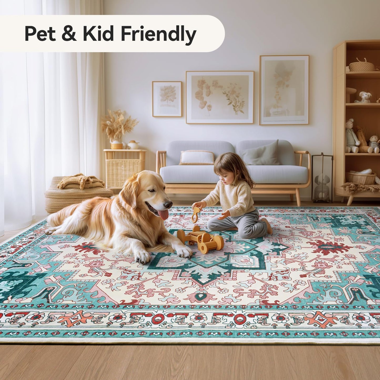 Floral Boho Area Rugs for Bedroom - Light Blue