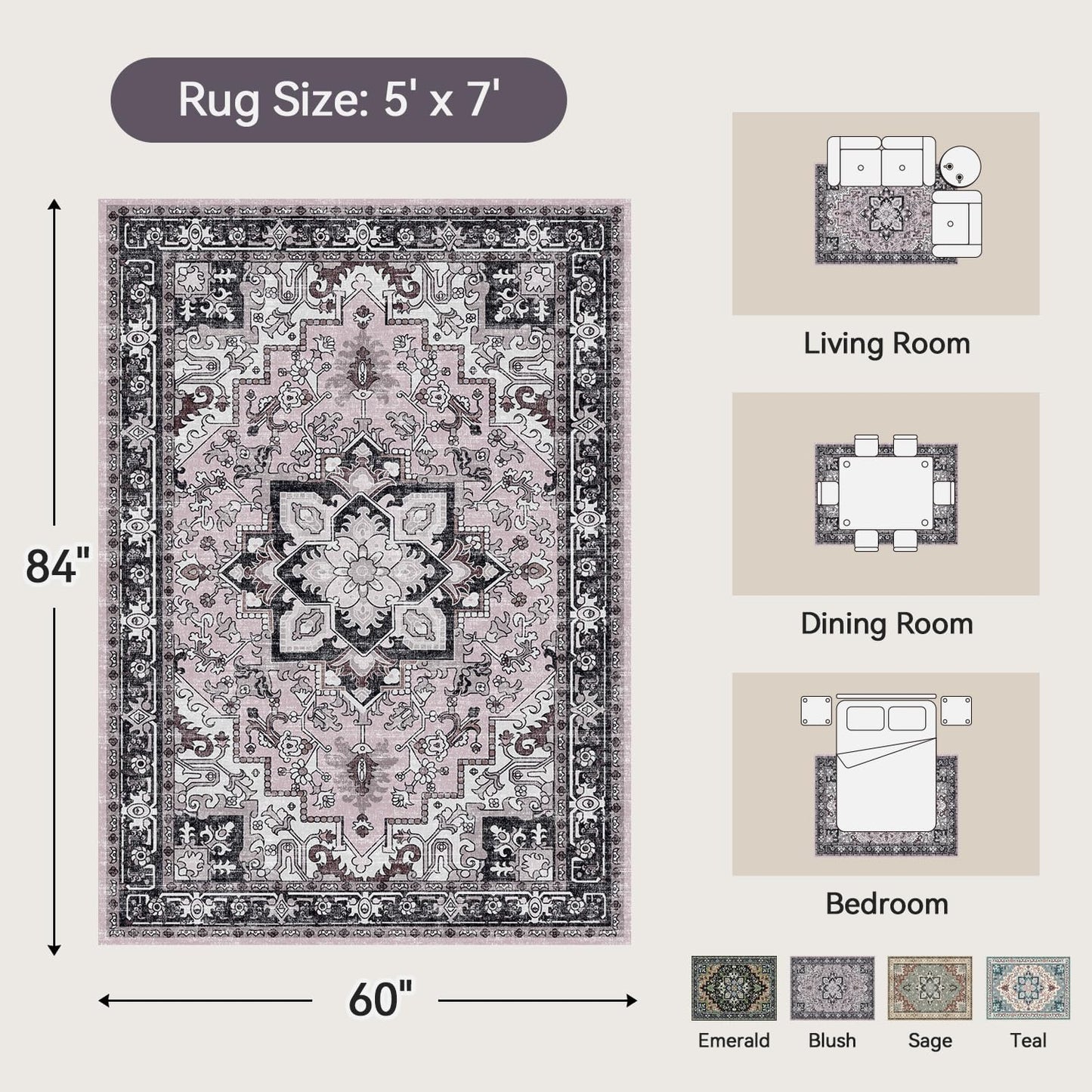 Floral Boho Area Rugs for Bedroom - Black and Pink