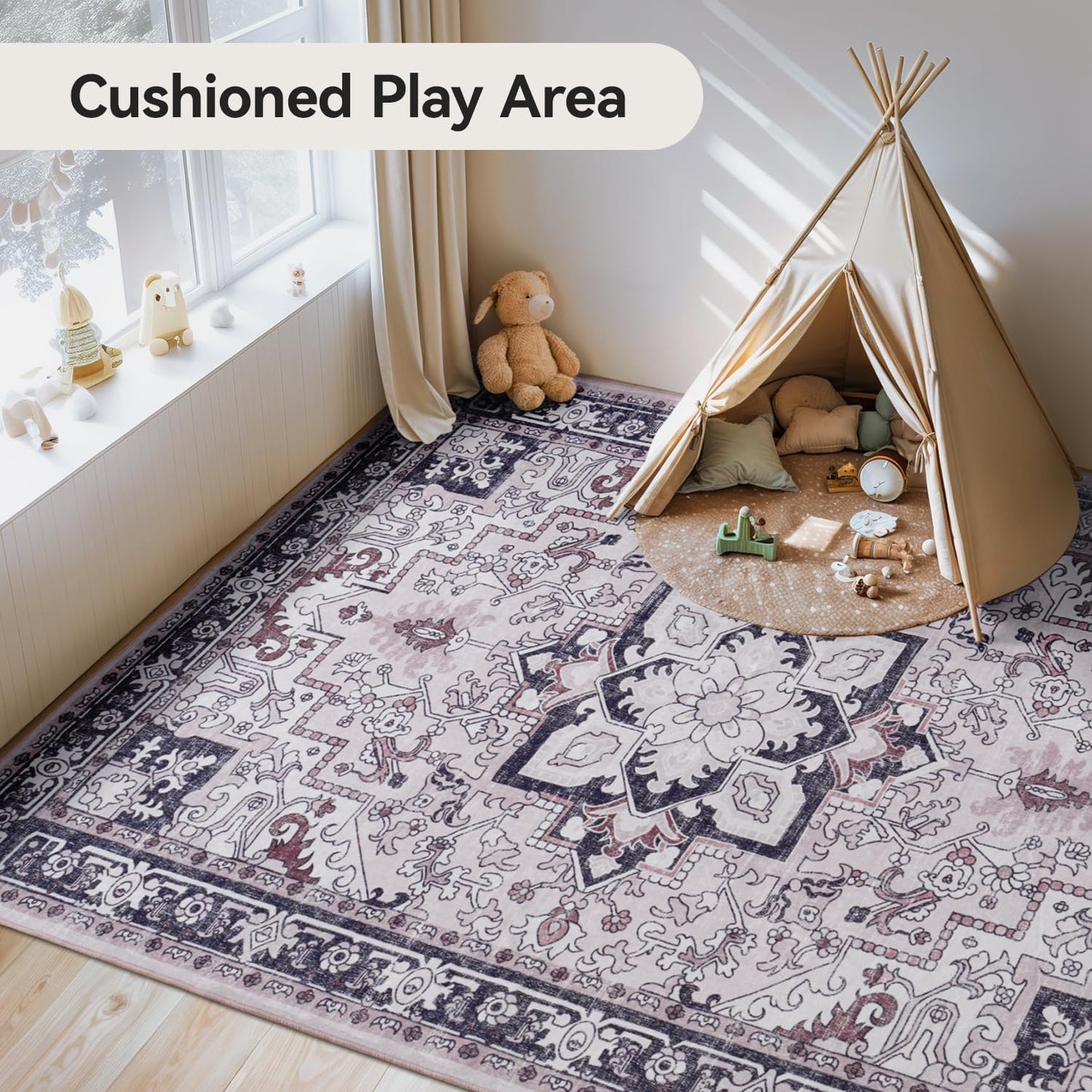 Floral Boho Area Rugs for Bedroom - Black and Pink