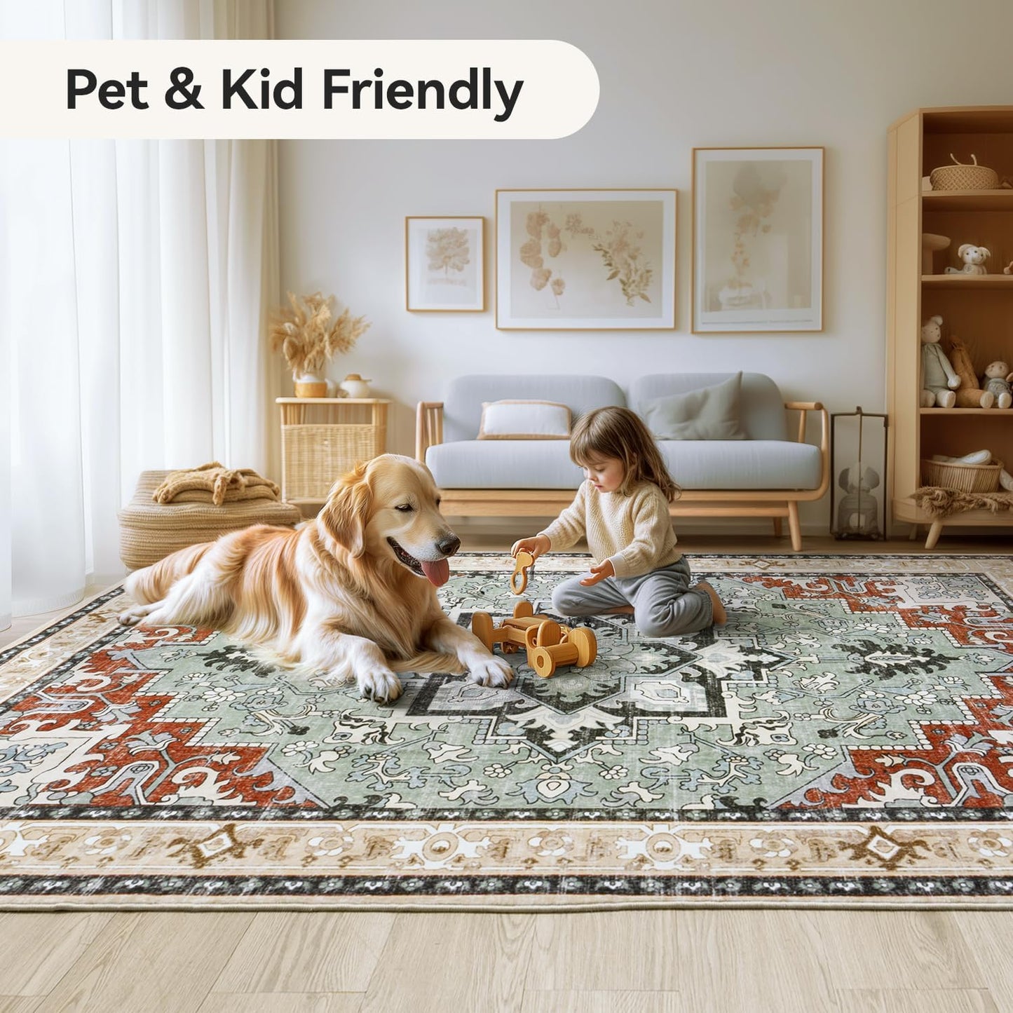 Floral Boho Area Rugs for Bedroom - Beige Orange