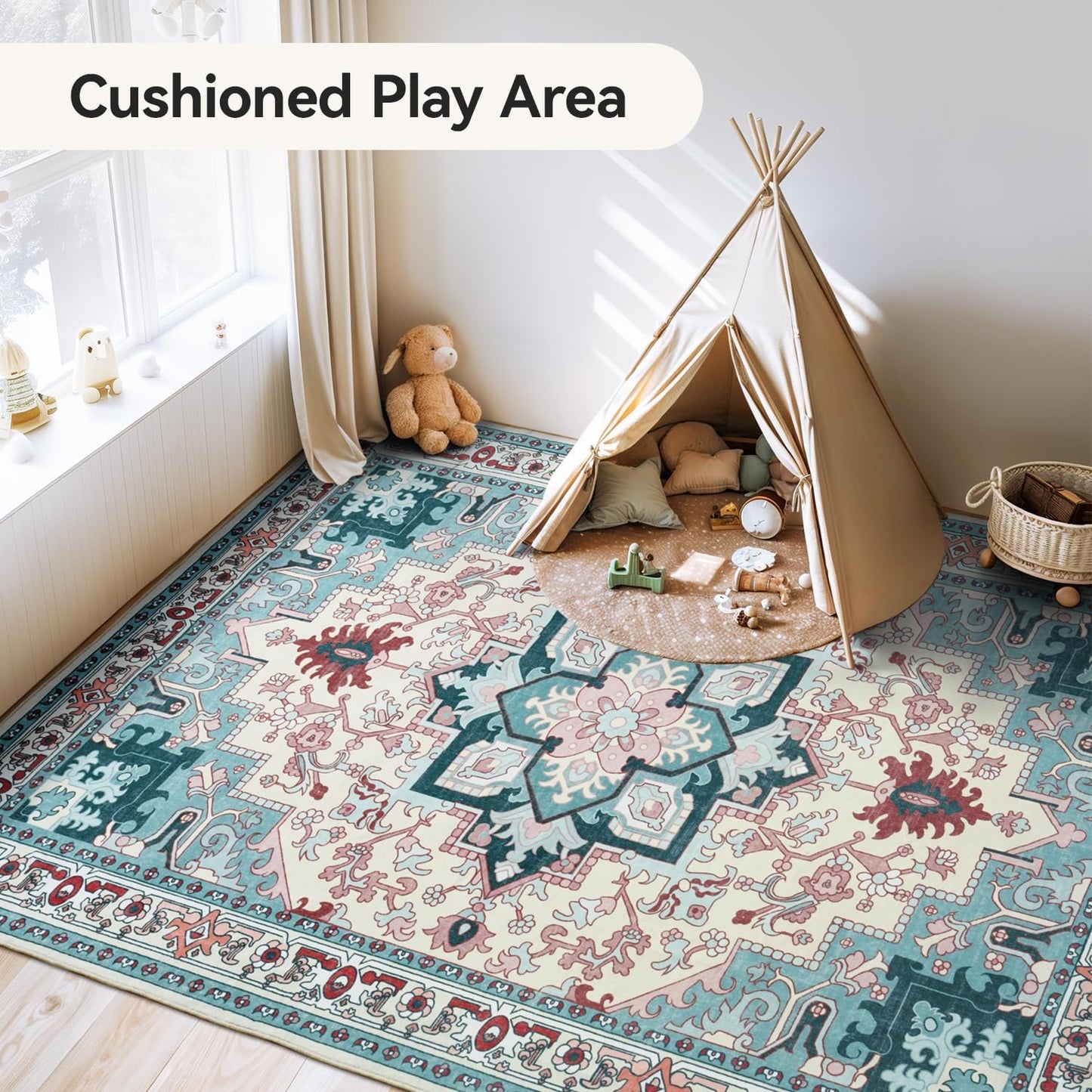 Floral Boho Area Rugs for Bedroom - Light Blue