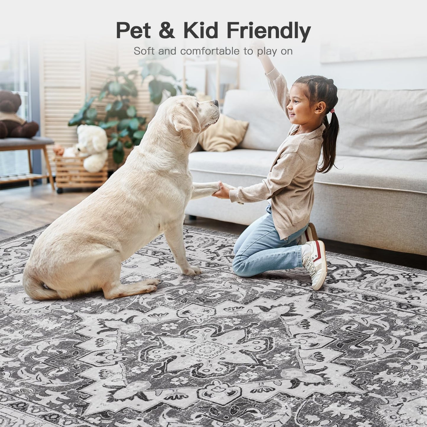 Vintage Boho Area Rugs for Living Room - Floral Grey