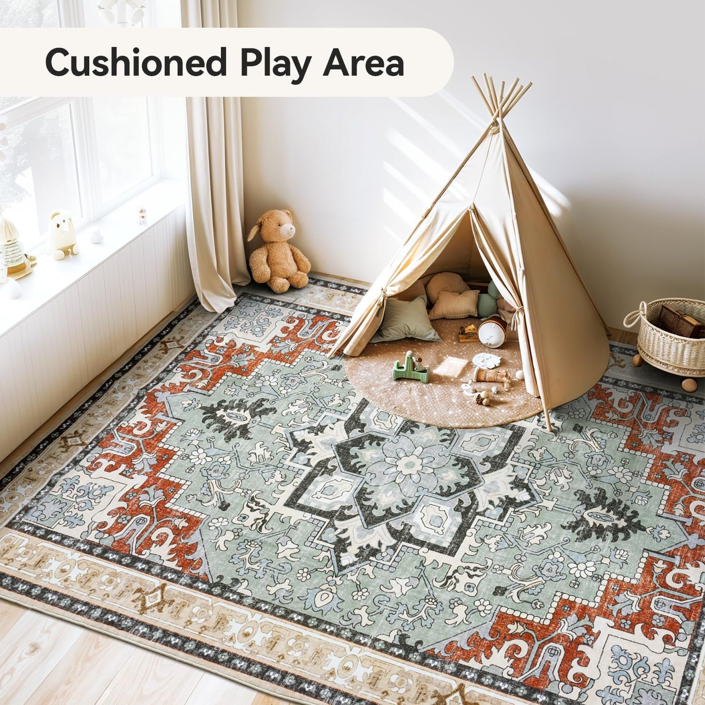 Floral Boho Area Rugs for Bedroom - Beige Orange