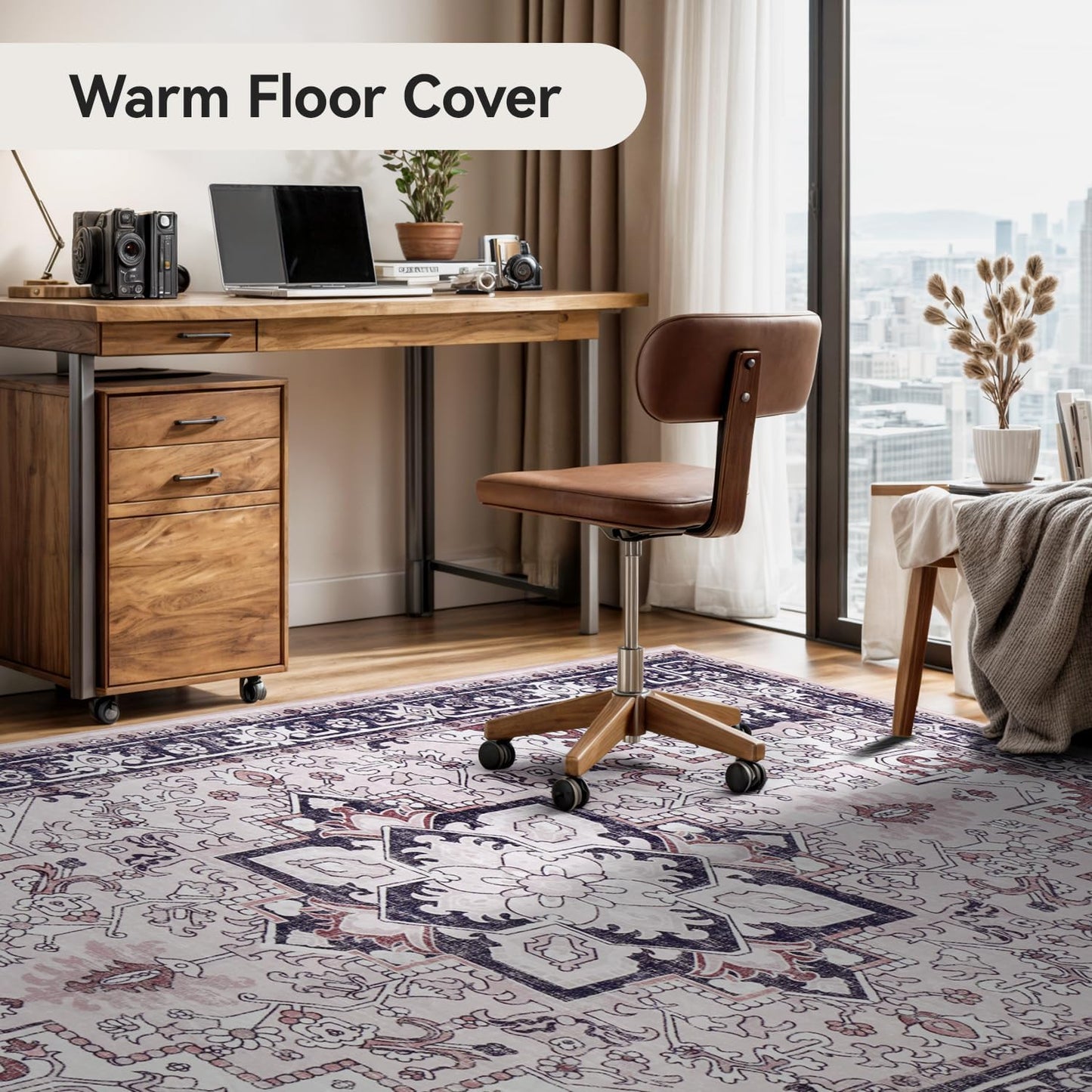 Floral Boho Area Rugs for Bedroom - Black and Pink