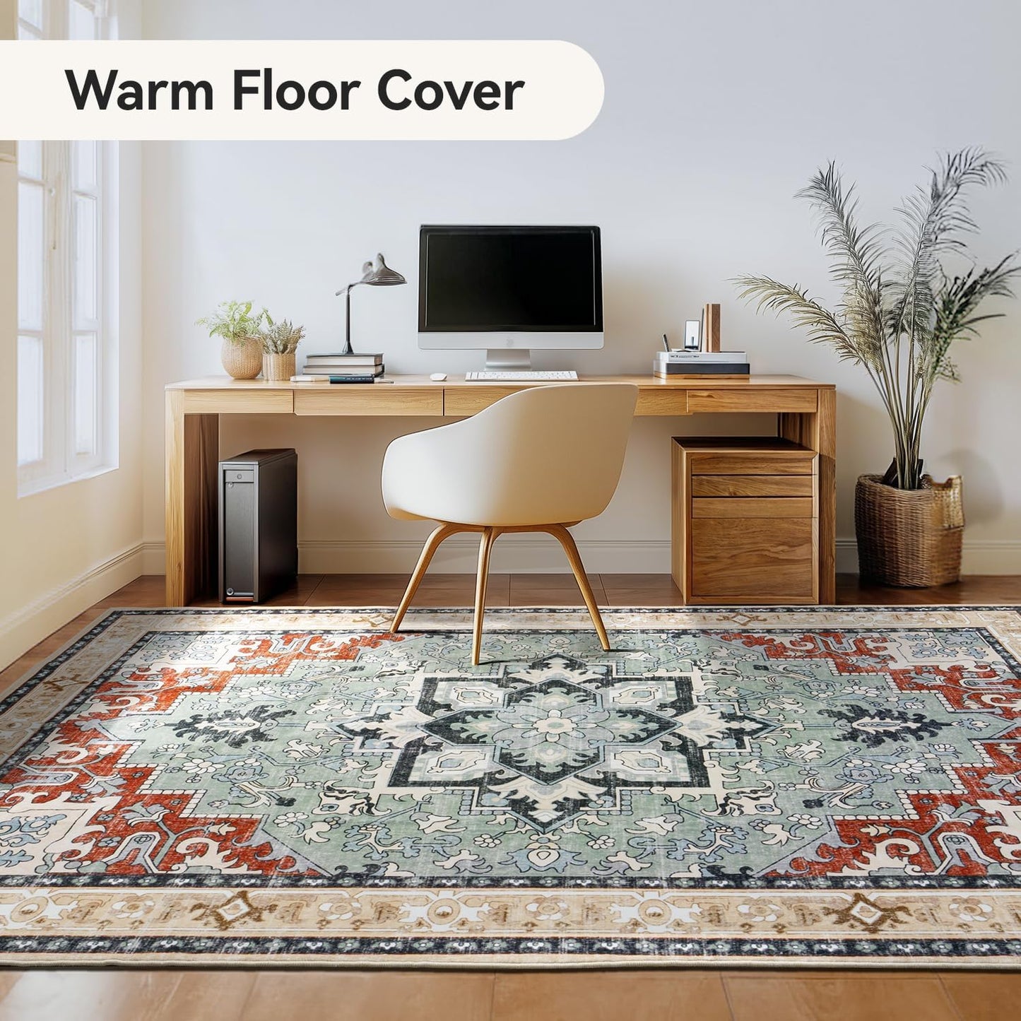 Floral Boho Area Rugs for Bedroom - Beige Orange