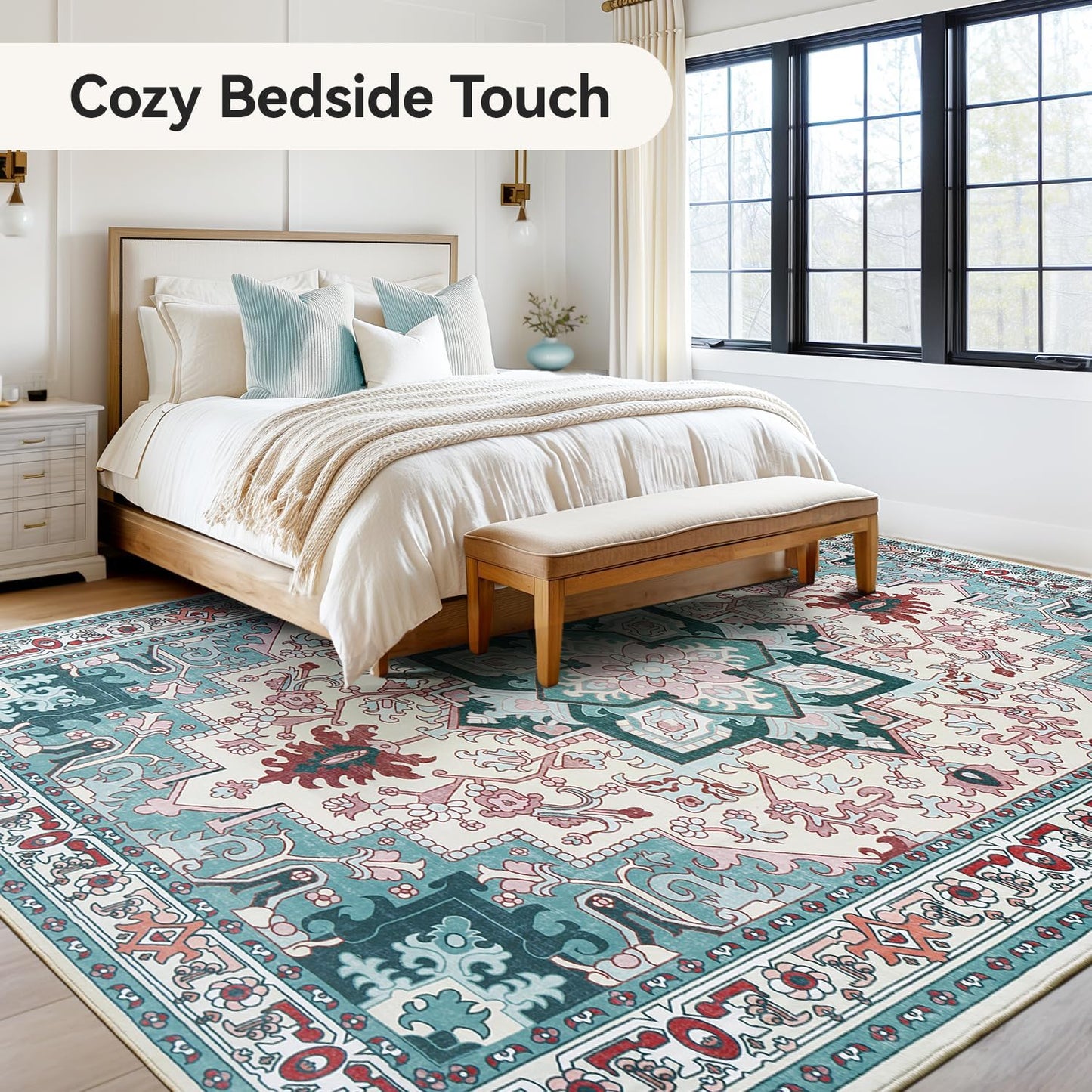 Floral Boho Area Rugs for Bedroom - Light Blue