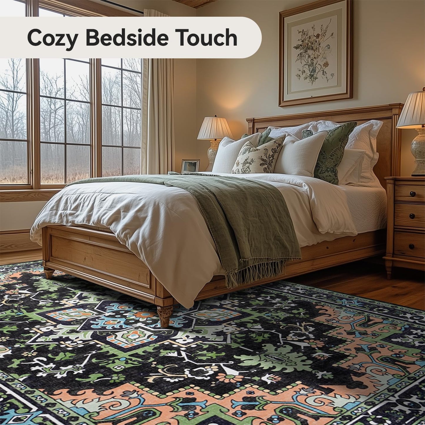 Floral Boho Area Rugs for Bedroom - Dark Green
