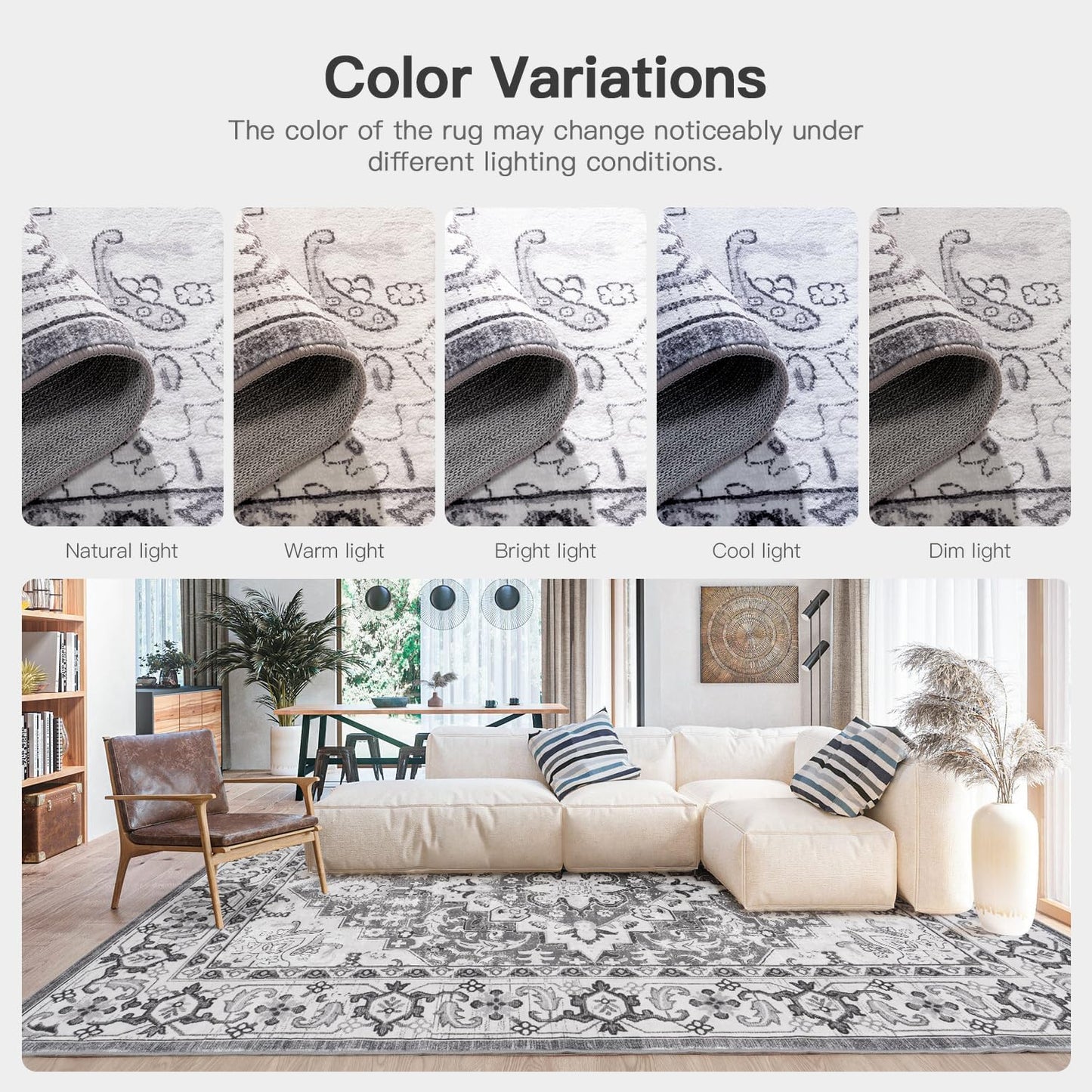 Vintage Boho Area Rugs for Living Room - Floral Grey