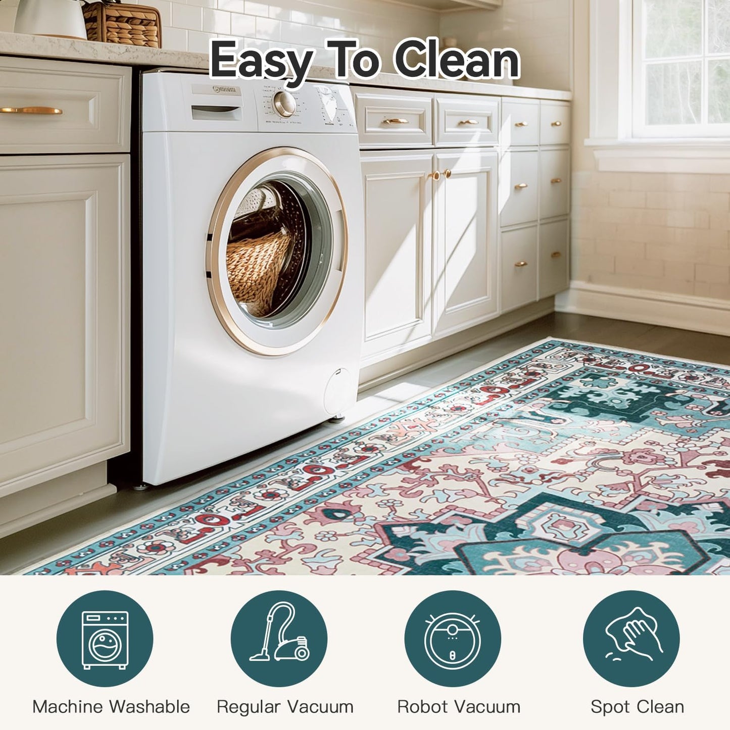 Floral Boho Area Rugs for Bedroom - Light Blue