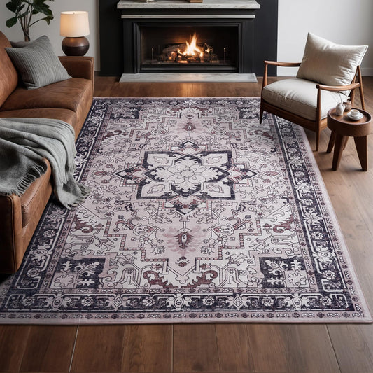 Floral Boho Area Rugs for Bedroom - Black and Pink