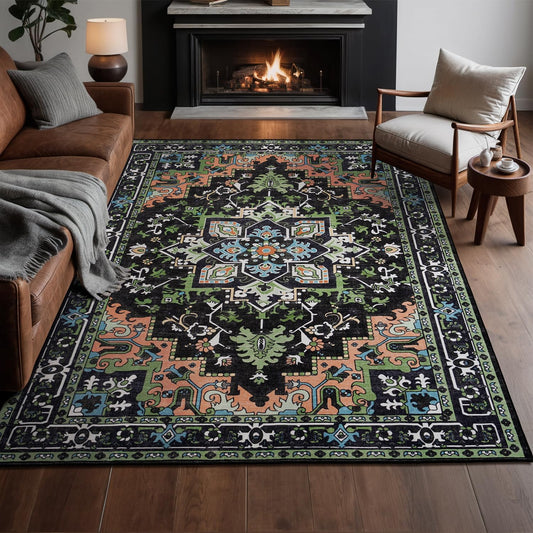 Floral Boho Area Rugs for Bedroom - Dark Green