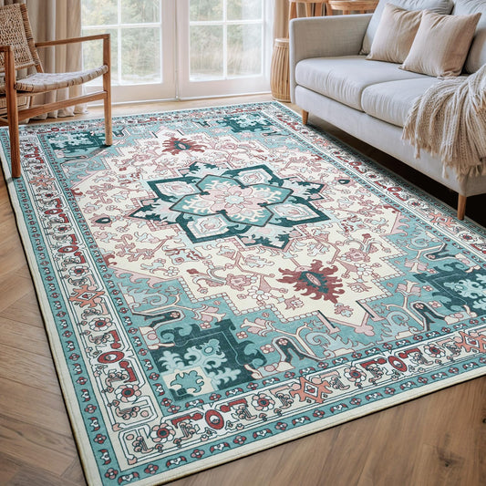 Floral Boho Area Rugs for Bedroom - Light Blue