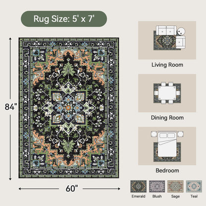 Floral Boho Area Rugs for Bedroom - Dark Green
