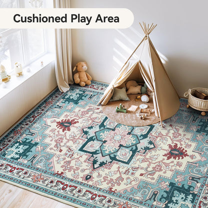 Floral Boho Area Rugs for Bedroom - Light Blue
