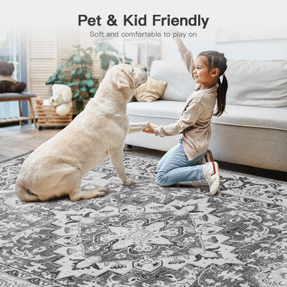 Vintage Boho Area Rugs for Living Room - Floral Grey