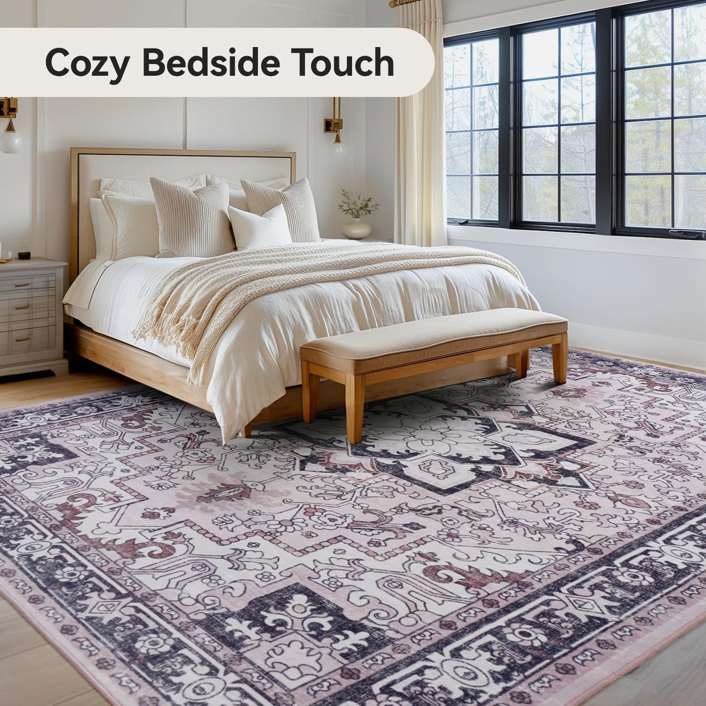 Floral Boho Area Rugs for Bedroom - Black and Pink