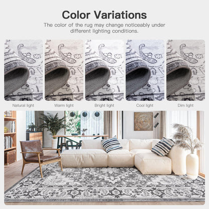 Vintage Boho Area Rugs for Living Room - Floral Grey