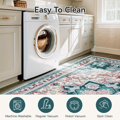 Floral Boho Area Rugs for Bedroom - Light Blue